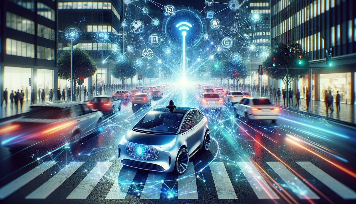 Autonomous vehicle surrounded by visual representations of 5G connectivity and data exchange