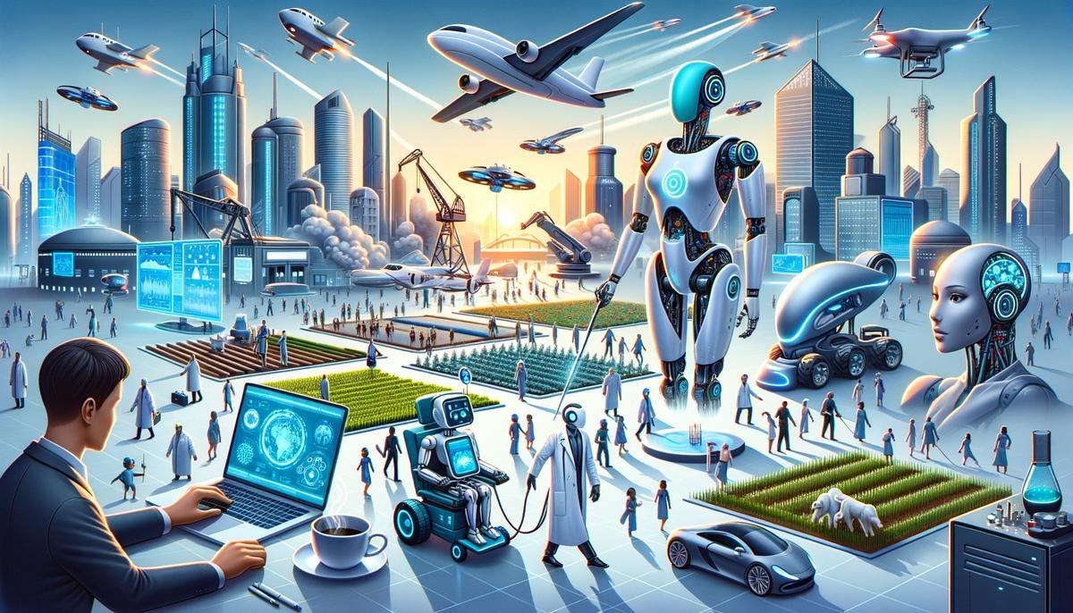 Illustration of futuristic industries transformed by AGI technology