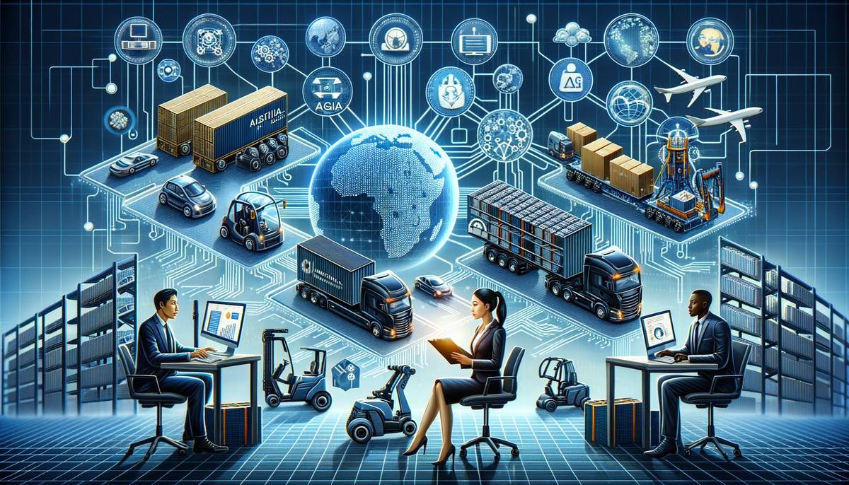A futuristic image depicting the integration of Artificial General Intelligence in the supply chain ecosystem