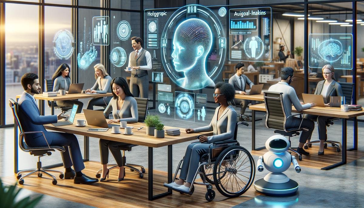 An image depicting the integration of artificial general intelligence in the workplace, showcasing a balance between human and machine collaboration.
