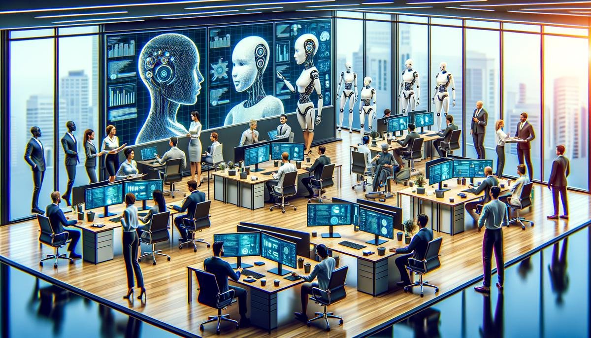An image depicting the collaboration between humans and artificial intelligence in a professional setting.