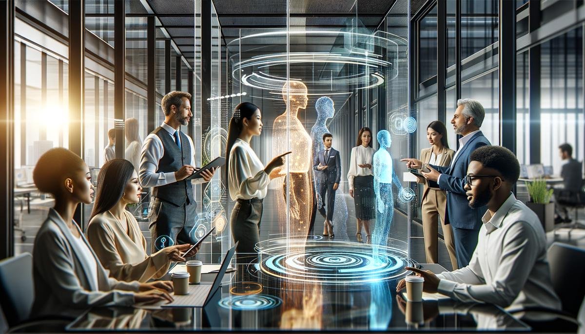 A realistic image depicting professionals working alongside advanced AI systems in a modern office setting.
