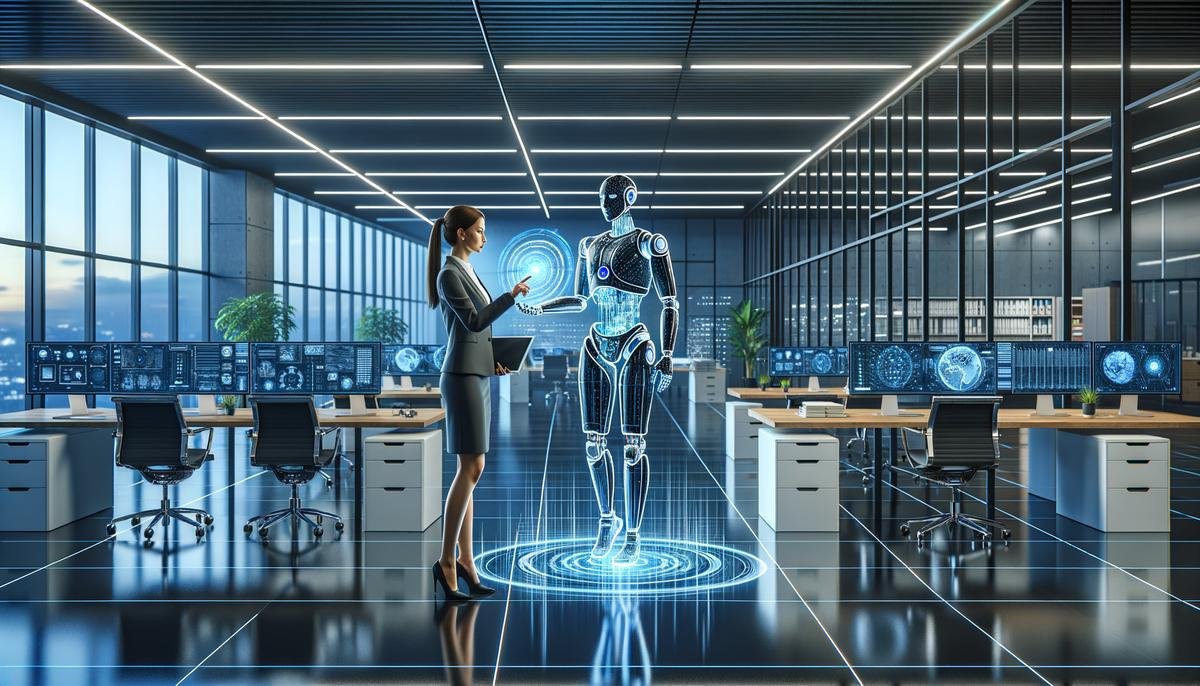 A realistic image depicting a human and a machine working together in an office setting, symbolizing collaboration between humans and Artificial General Intelligence