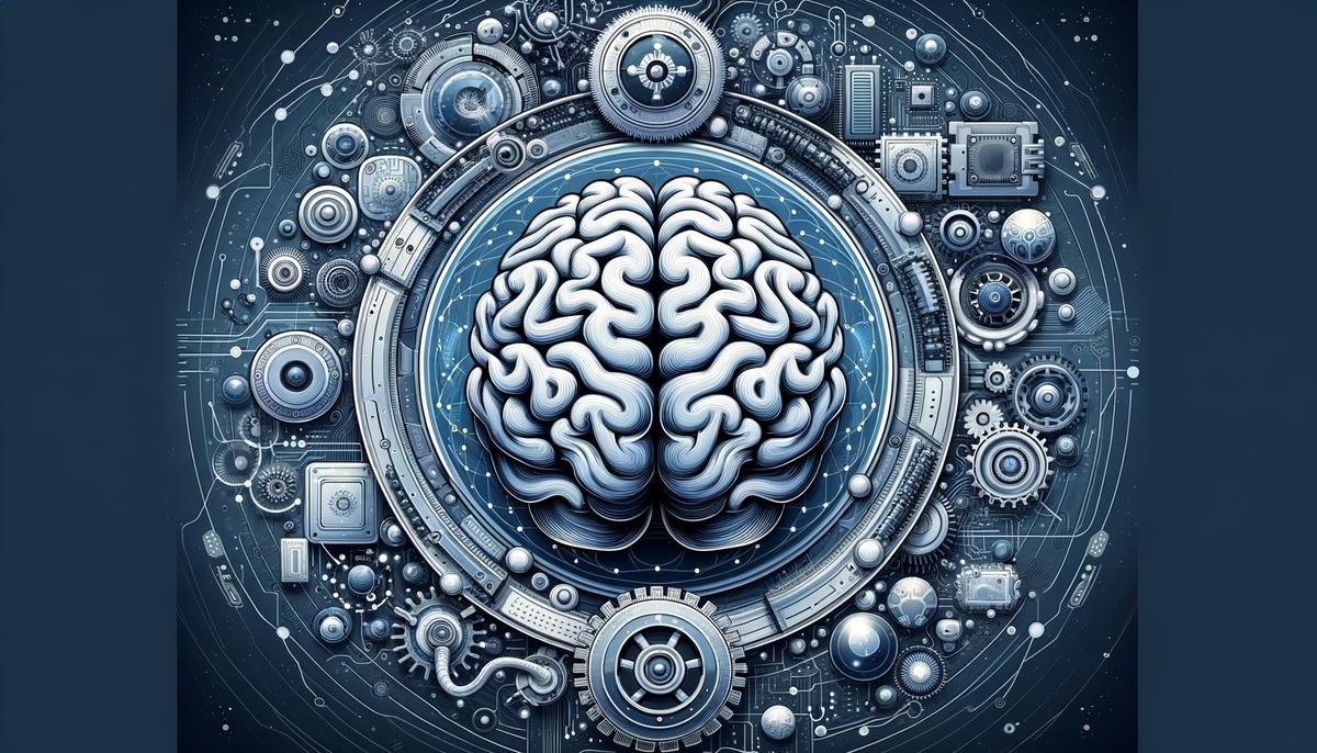 Image of a brain with technology components surrounding it, symbolizing the merging of creativity and artificial general intelligence