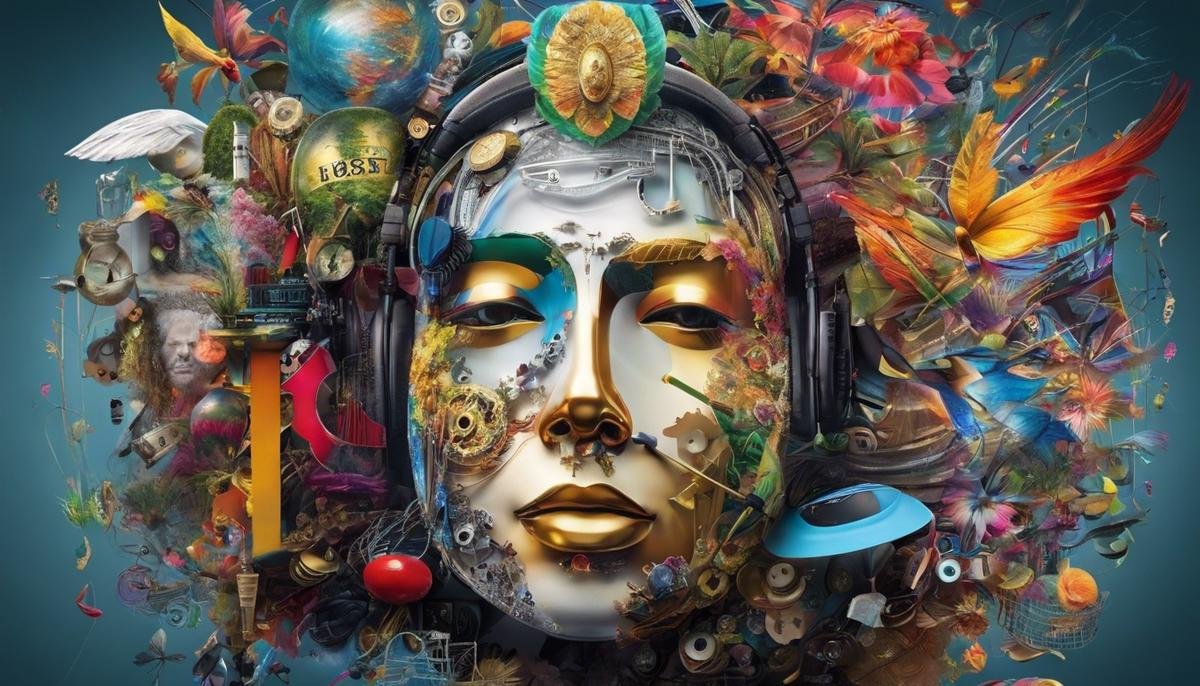An image depicting the innovation extravaganza sparked by Artificial General Intelligence. It shows a vibrant and dynamic collage of various forms of art, including paintings, music notes, sculptures, and digital creations.