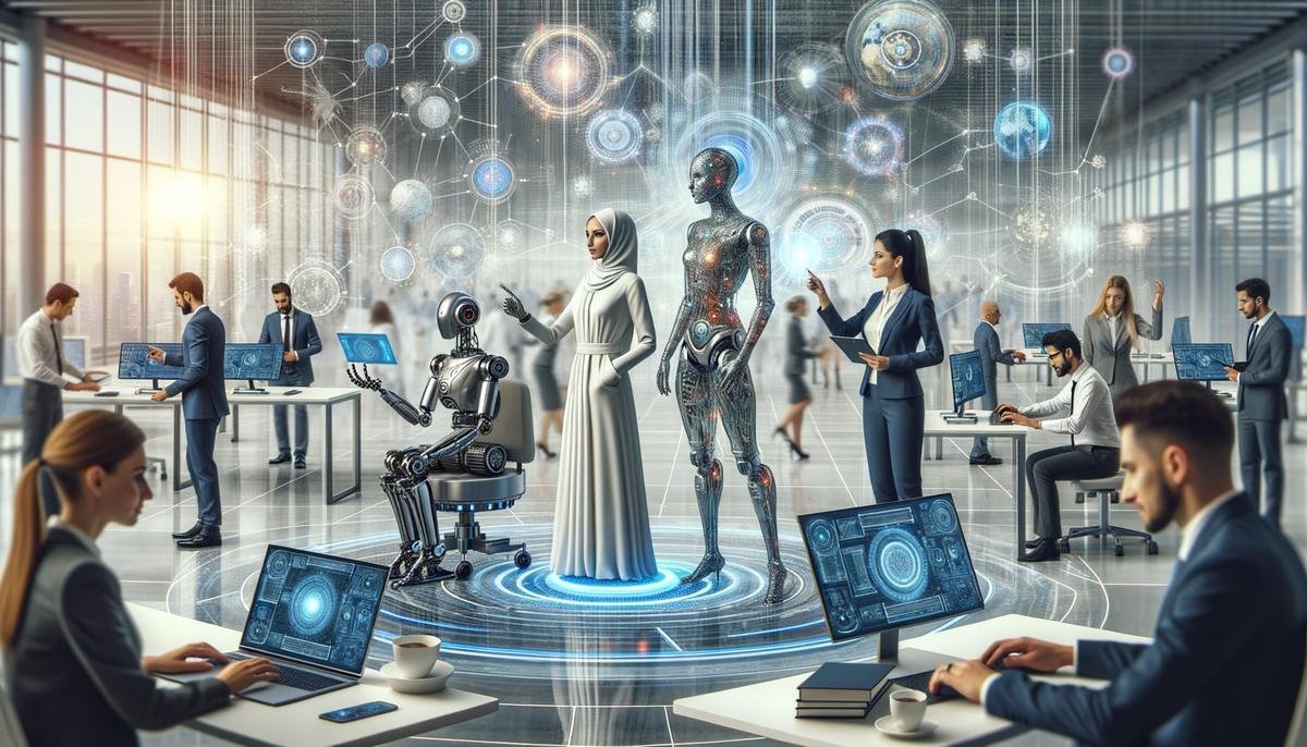 Image showing the future of work with Artificial General Intelligence, depicting a blend of human and machine collaboration