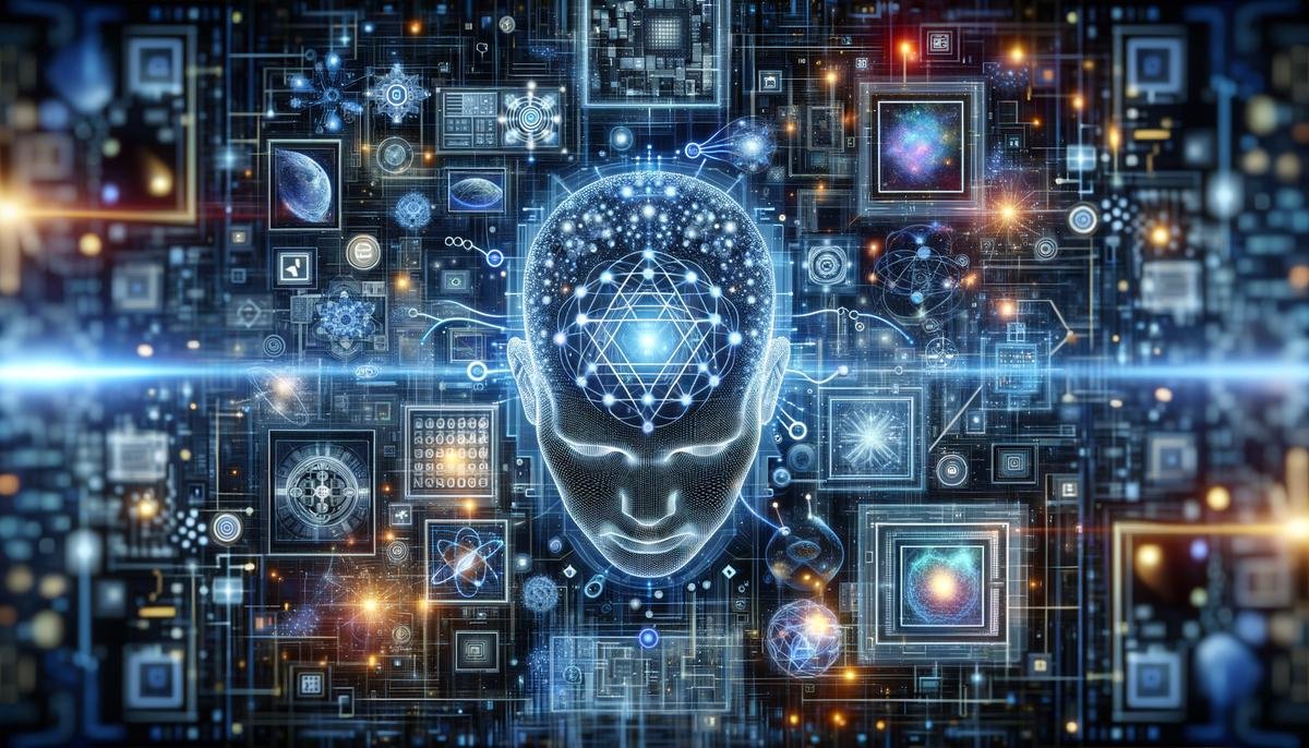 An image of Artificial General Intelligence (AGI) and quantum computing technologies symbolized through digital and quantum symbols.