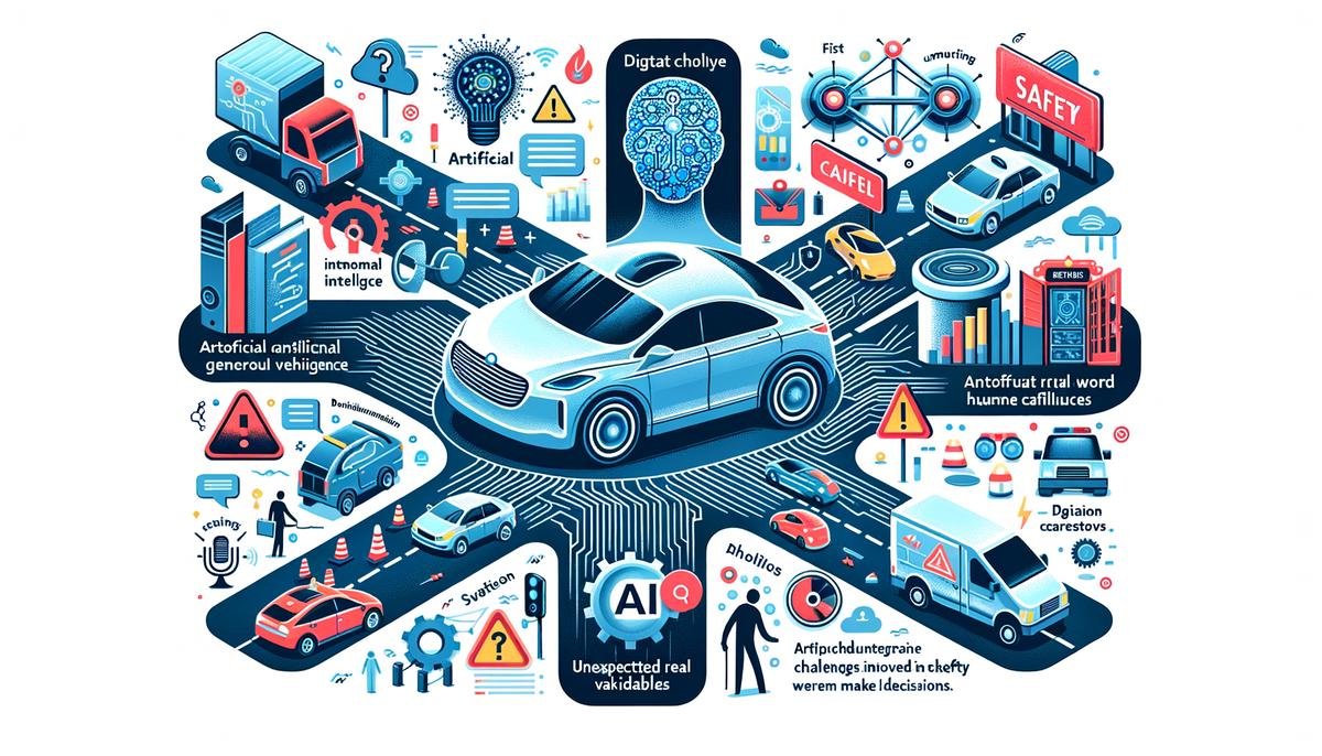 Illustration of AGI in autonomous vehicles and key safety challenges in a digital world.