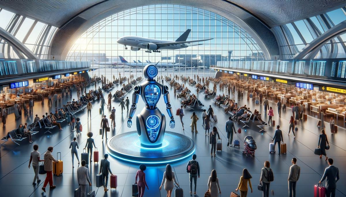 An image of a futuristic airport terminal with AI-powered robots assisting travelers
