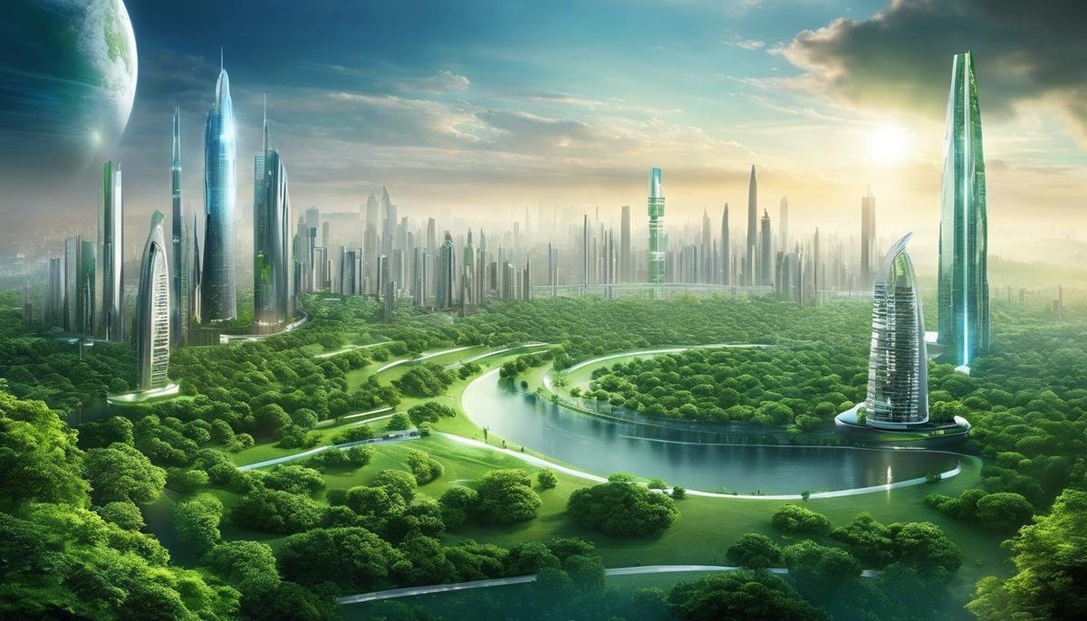 An image of a futuristic city skyline embracing a lush green park symbolizing the harmonious coexistence of AI and environmental conservation