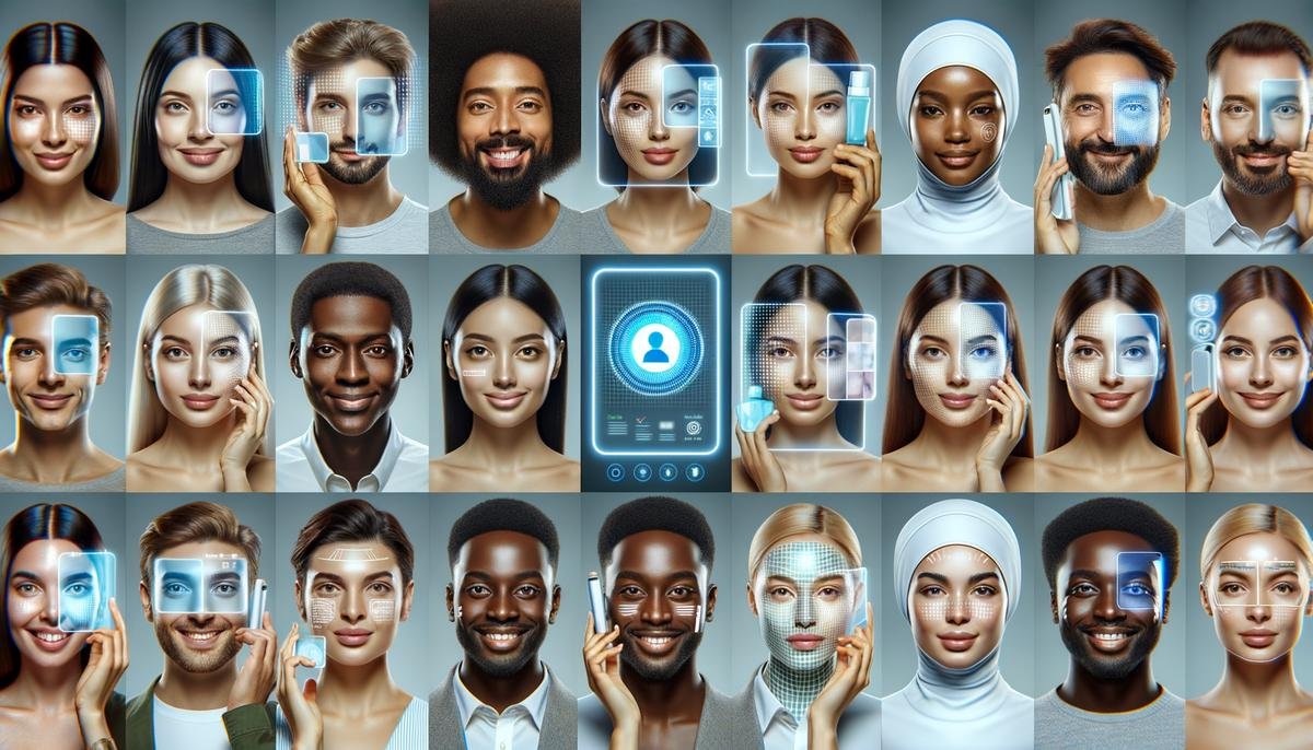 A realistic image showing a diverse group of people using personalized skincare products with AI technology