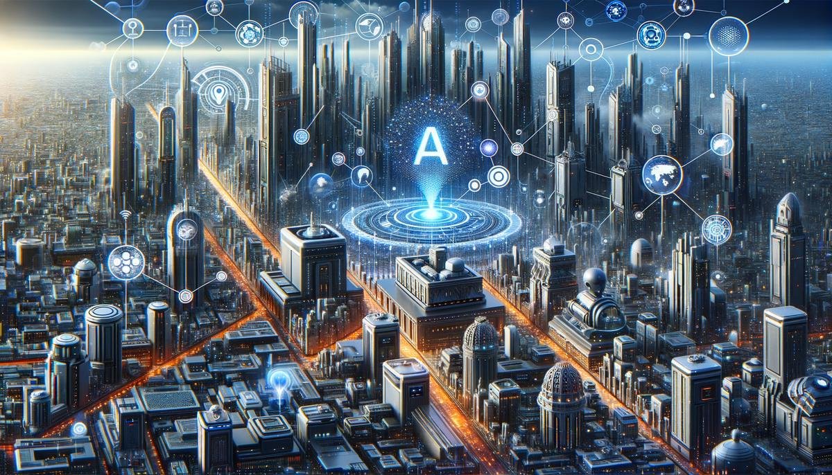 An image showing a futuristic cityscape with interconnected devices and AI technology, illustrating the concept of AI-powered search engines