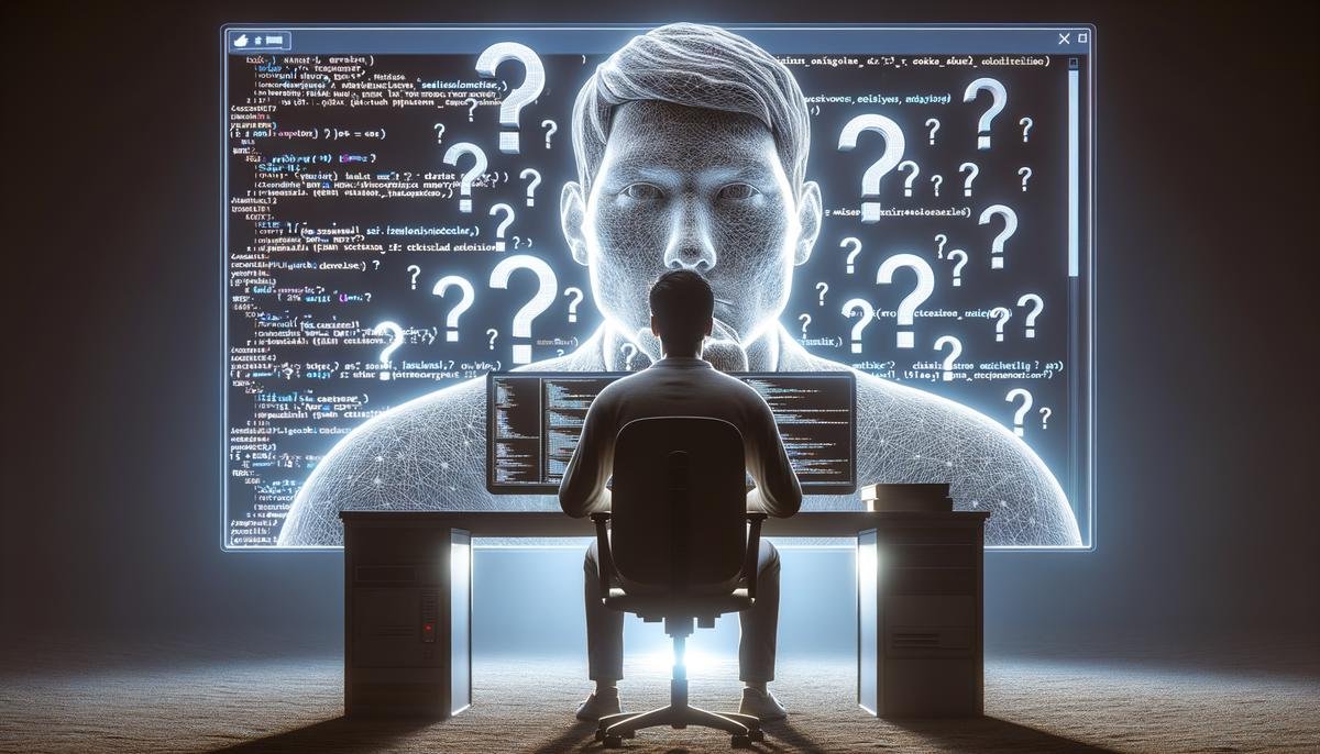 Image of a person looking at computer code with question marks signifying ethical dilemmas