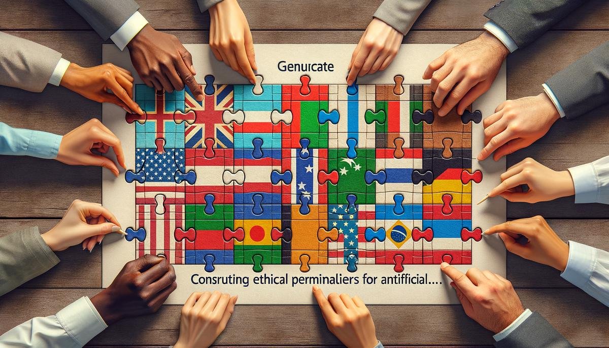 Illustration of diverse hands working together on a puzzle, representing collaboration and inclusivity in creating ethical guidelines for AI