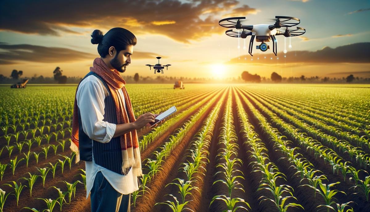 An image showing a farmer using AI technology in a crop field