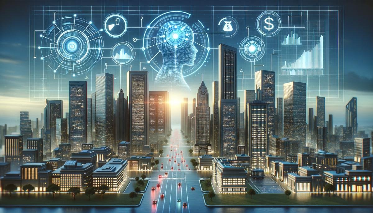An image of a futuristic financial cityscape representing the advancements in AI for personal finance
