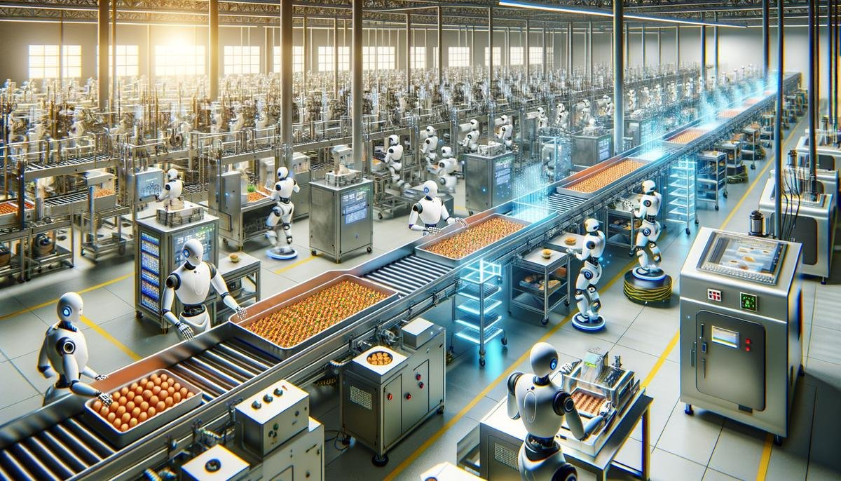 An image showing a food manufacturing plant with AI technology optimizing production processes