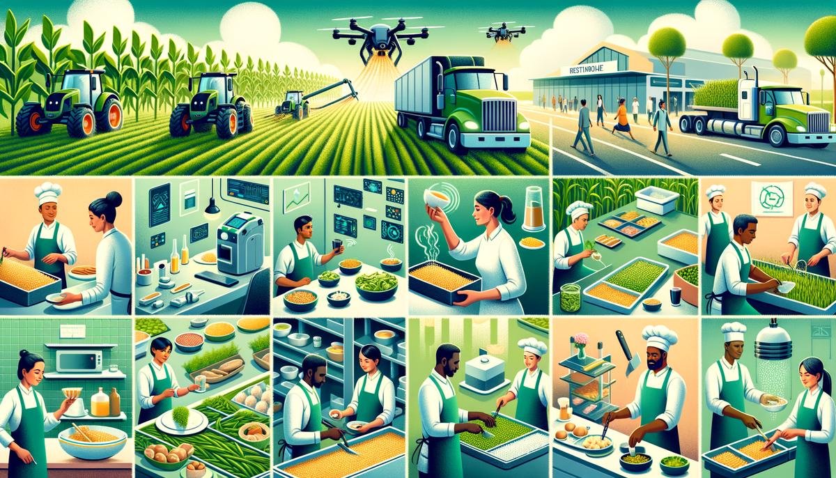 An image showing various stages of the food supply chain, from farm to fork, with AI technology integrated for transparency and efficiency.