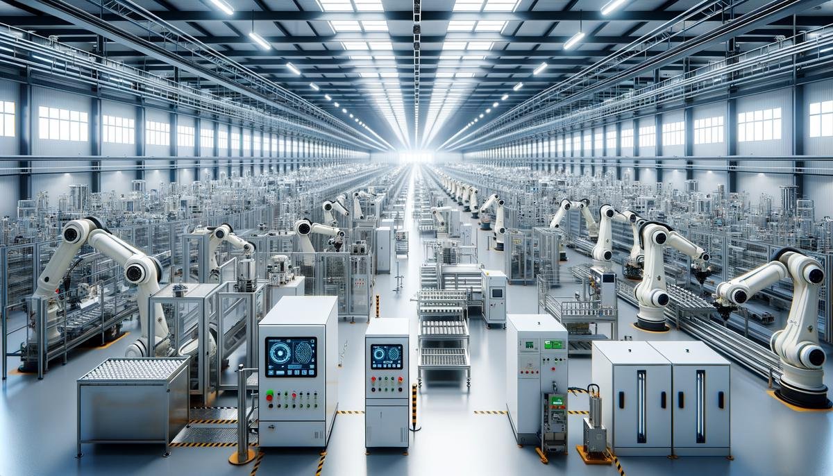 An image showing a modern food manufacturing facility with advanced technology and AI systems in place, emphasizing efficiency and quality in the production process.