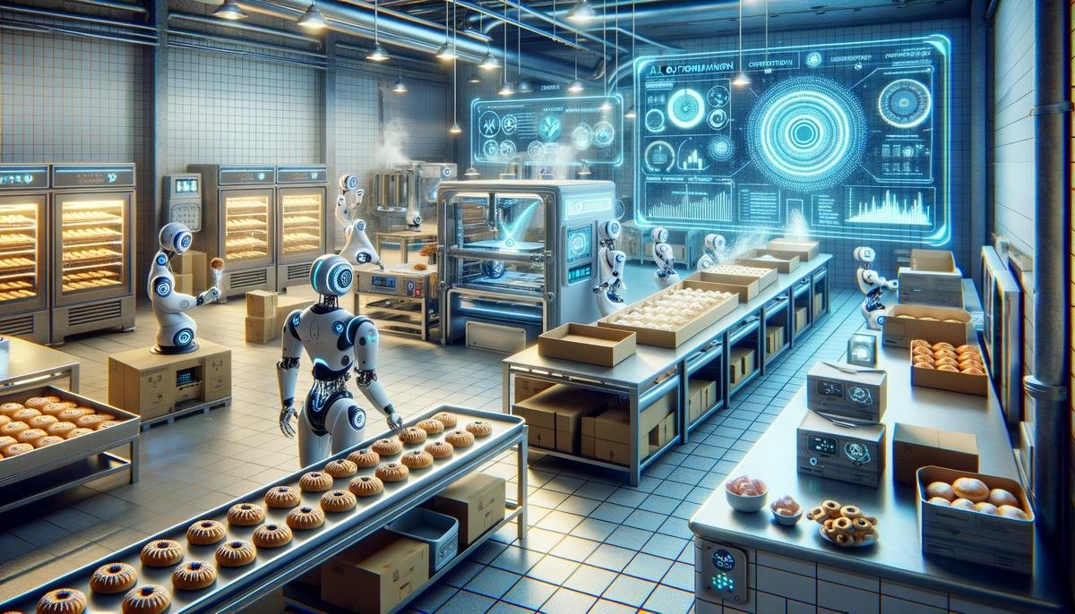 An image showing AI algorithms optimizing food production and distribution in a bakery setting