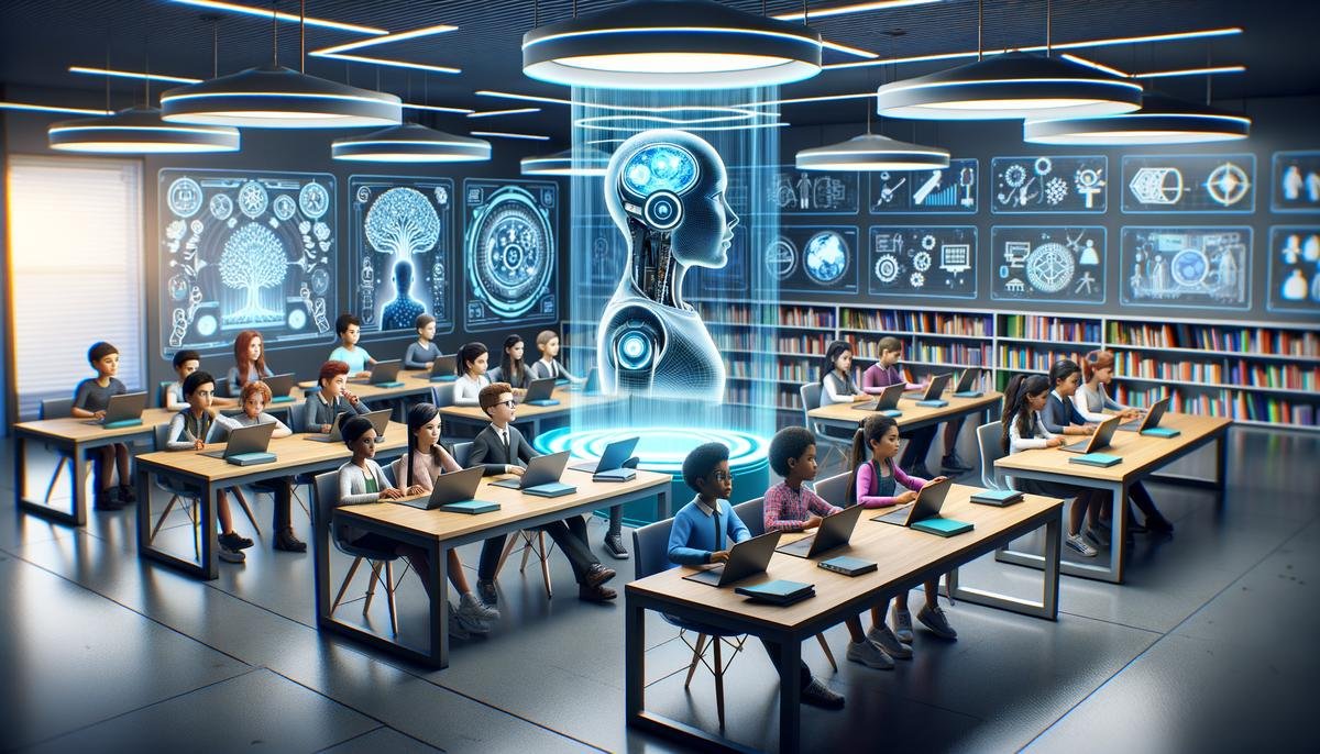 Image of a futuristic classroom with AI technology integrated, showcasing personalized learning experiences for students