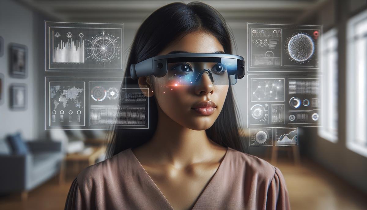Image of a person wearing AR glasses with digital information displayed in front of them