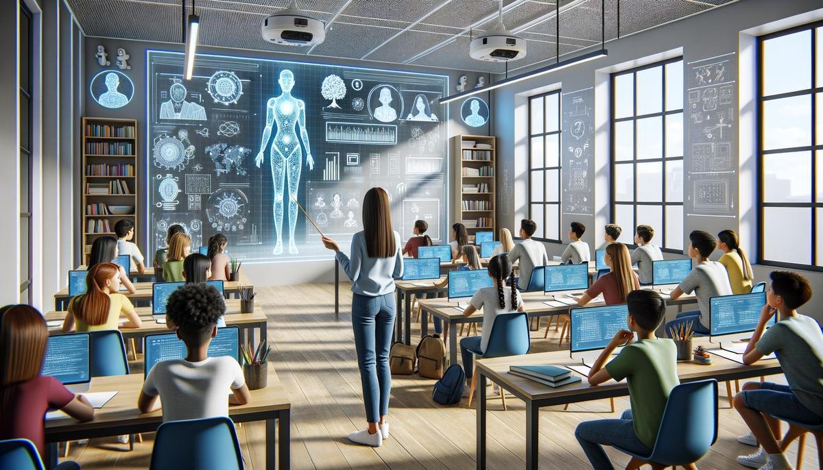 Illustration of a classroom with AI technology assisting students and teachers