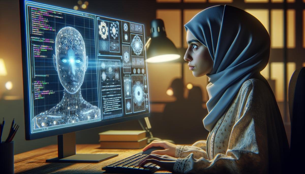 Image of a person looking at a computer screen with AI algorithms displayed, representing the importance of AI ethics in technology