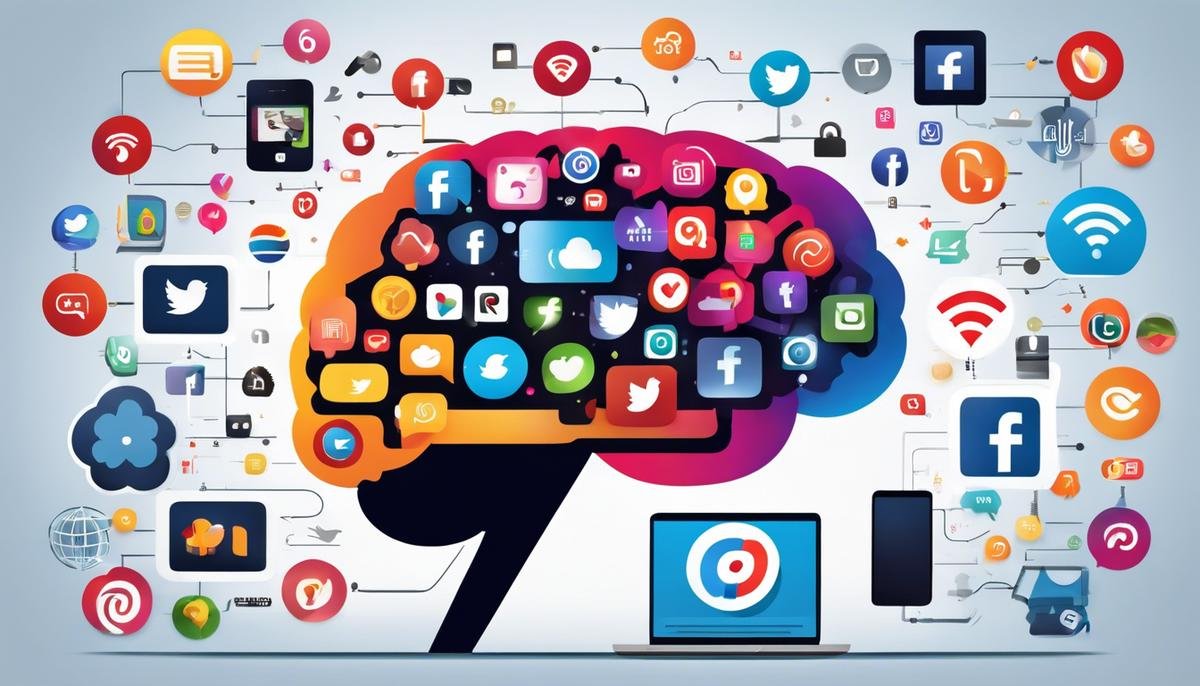 Illustration of a computer brain with diverse social media icons surrounding it, representing the impact of AI on social media