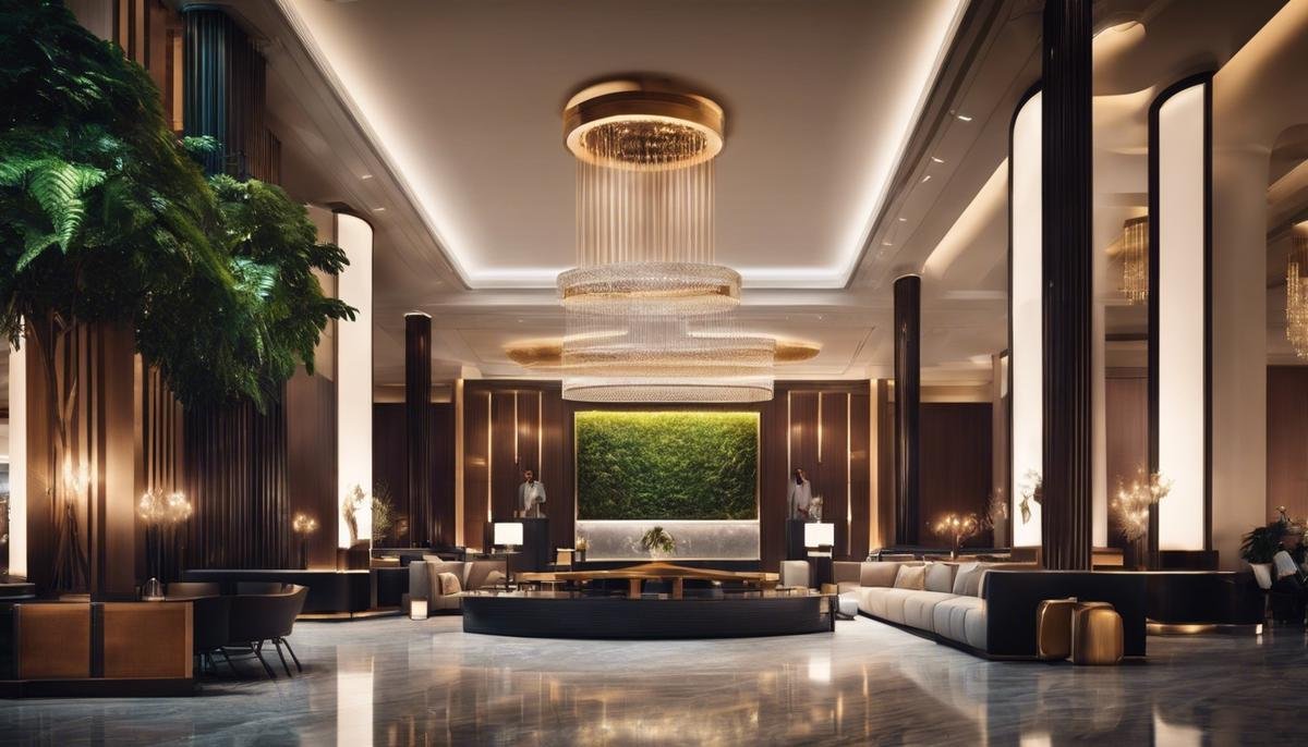 An image of a hotel lobby with AI technology in the background, symbolizing the efficiency and innovation brought by AI in the hospitality industry.