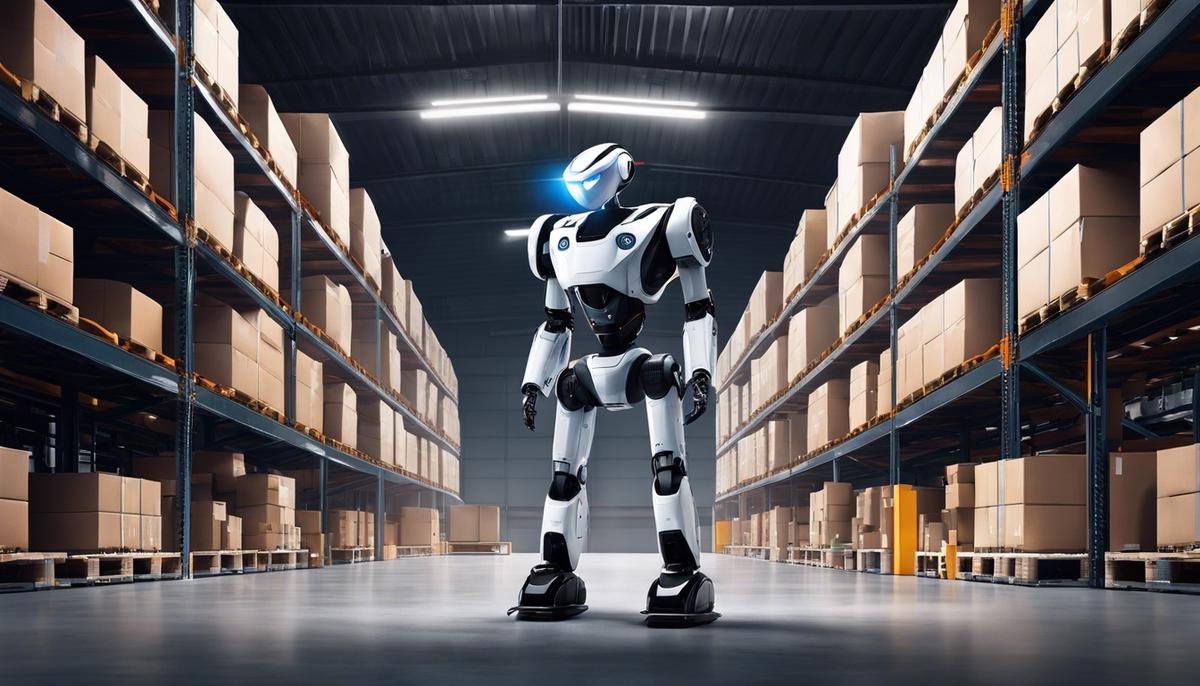 Image describing AI's utility in warehouse operations, showcasing a robot in a warehouse environment.