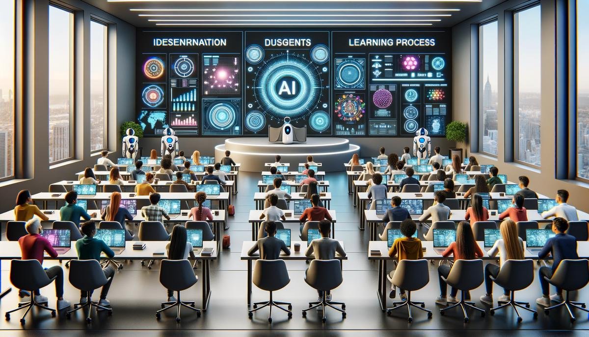 A conceptual image showing a futuristic classroom with advanced AI technologies enhancing the learning experience