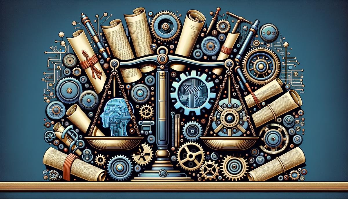 An image depicting various AI technologies and legal documents, symbolizing the challenges and ethical considerations in integrating AI in legal services for individuals with visual impairments.