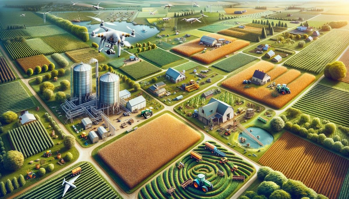A high-resolution image showcasing various agricultural landscapes and technologies
