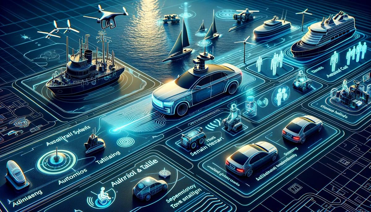 A futuristic image showing AI technology integrated into various modes of transportation including cars, ships, and drones for visually impaired individuals.