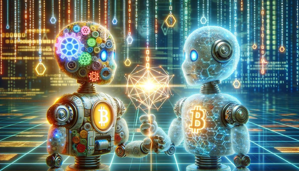 Image depicting two friendly robots illustrating the collaboration of blockchain and AI in technology