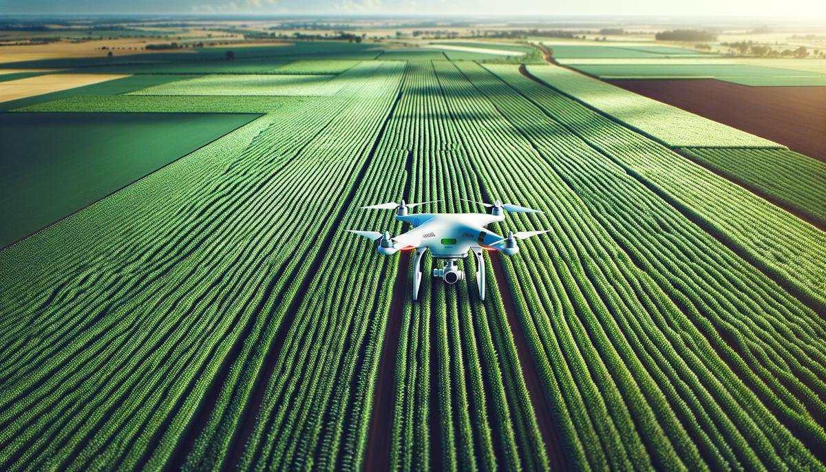 Aerial view of a drone flying over a green agricultural field with crops, showcasing modern technology in farming