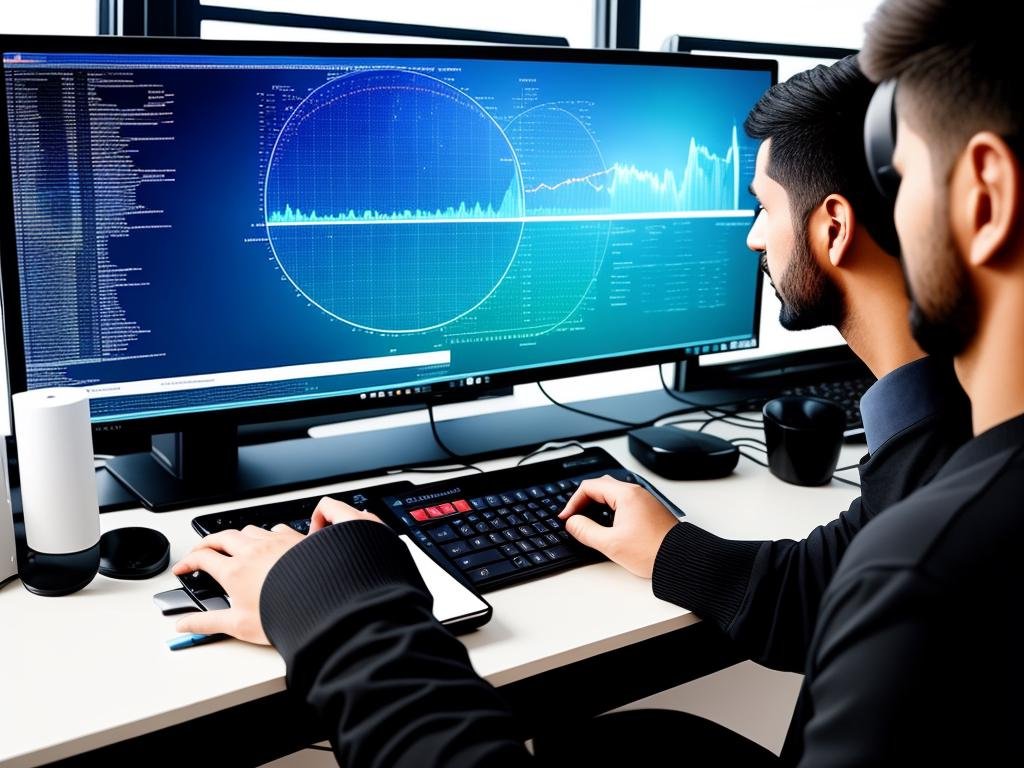 Image showing a person analyzing data on a computer screen with futuristic graphics and visualizations.