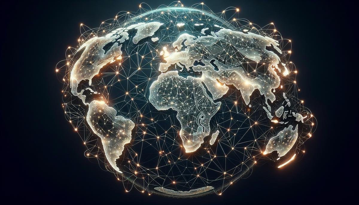 Illustration of a world map with interconnected digital lines representing Ethical AI