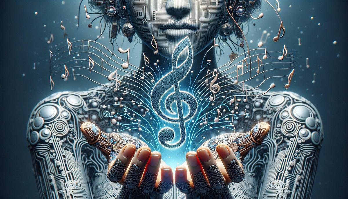 A digital illustration showcasing the intersection of AI and music, portraying hands holding a music note and a circuit board, symbolizing the ethical considerations involved
