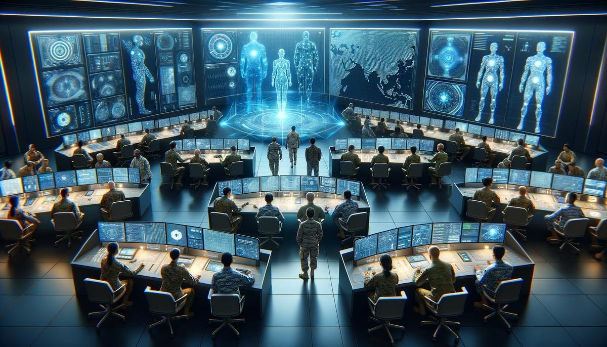 An image depicting a realistic scenario of military personnel working alongside AI systems in a control room setting, with screens displaying data and algorithms. The focus is on the collaboration between humans and AI in a military context.