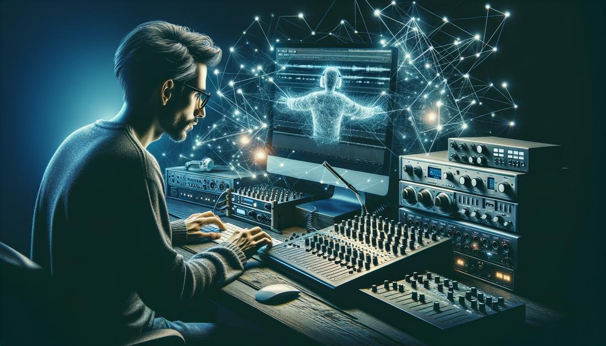 An image showing a producer working with a computer and sound equipment, symbolizing the use of AI mastering service in music production