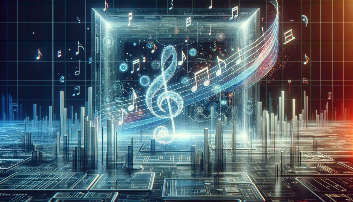 Image of a futuristic AI technology with musical notes symbolizing music generation