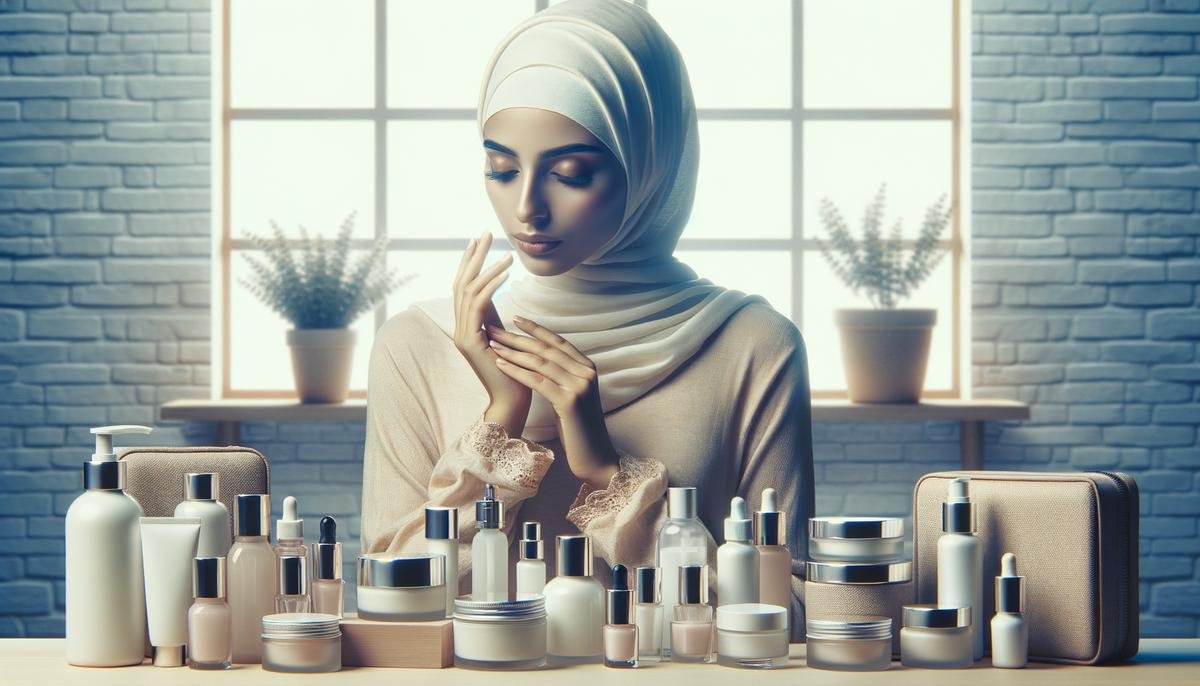 A realistic image showing a person using personalized skincare products, with various skincare bottles and containers on a clean, organized vanity table.