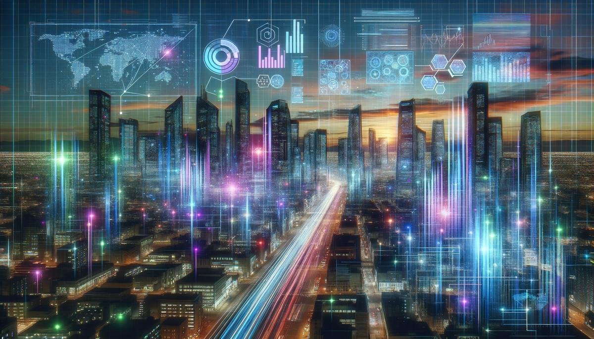 Image showing a futuristic skyline with data analytics overlaid on it.