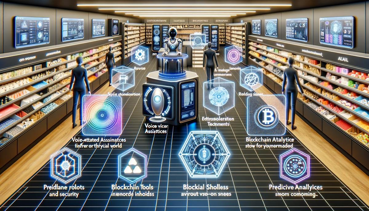 A futuristic retail store with various AI technologies such as AR interfaces, voice-activated assistants, blockchain tracking, predictive analytics, social robots, smart shelves, and augmented reality mirrors.