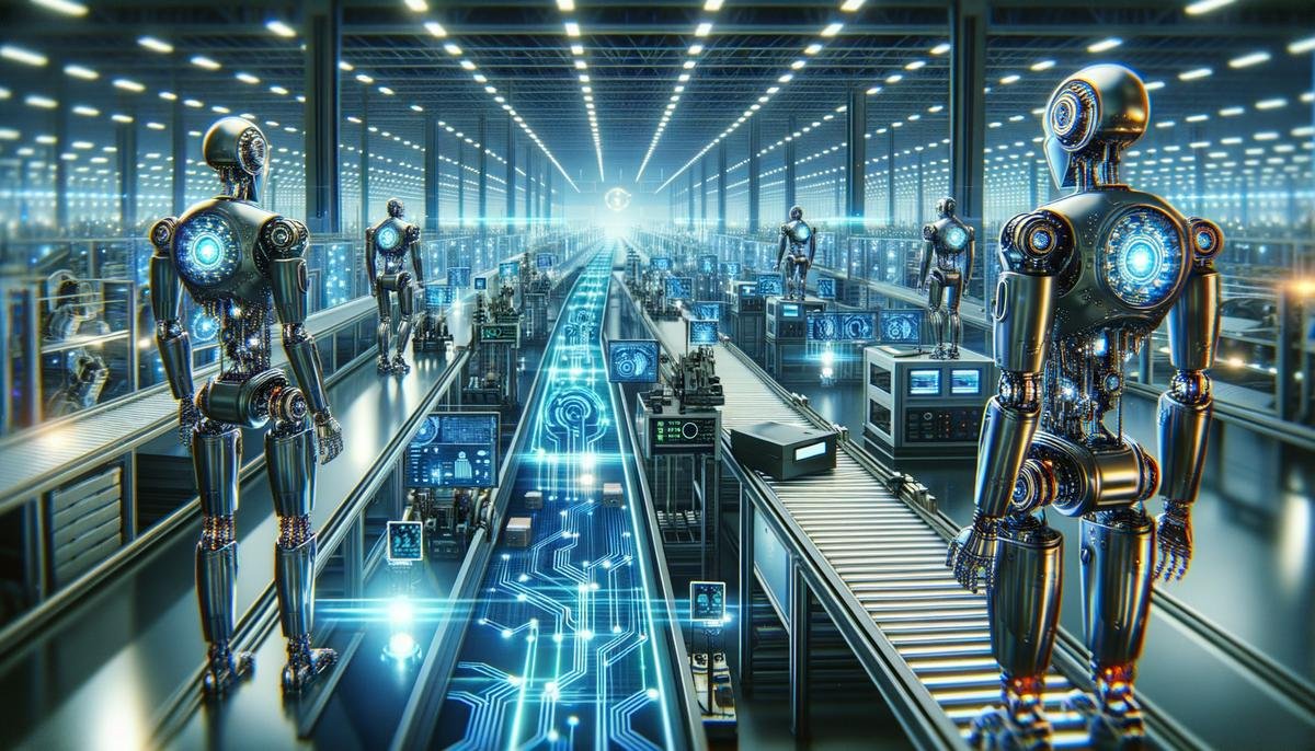 A futuristic image of robots working in a manufacturing plant with artificial intelligence technology