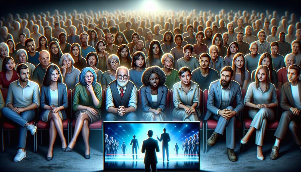 A realistic image showing a diverse group of people engaged and captivated by a video on a screen