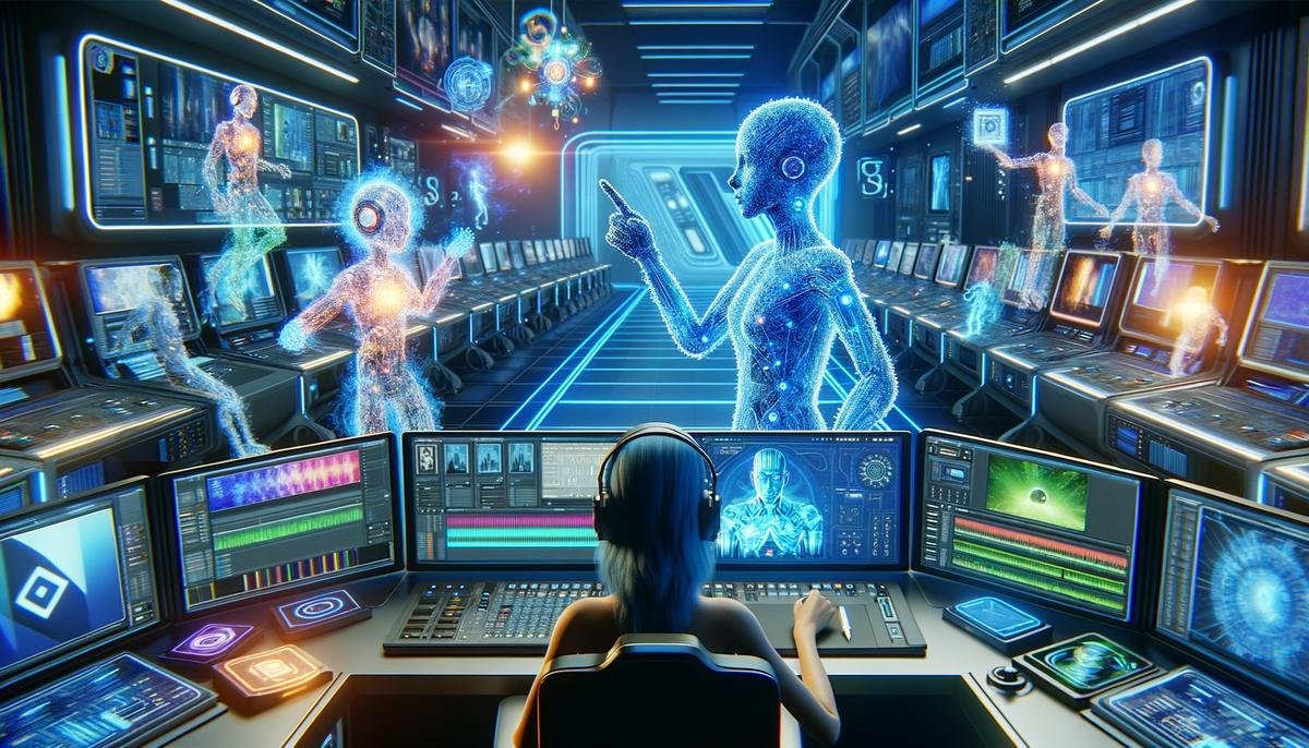 A futuristic digital avatar interacting with a human in a video production setting