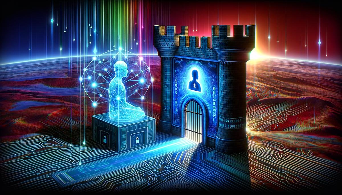 An image of a digital fortress symbolizing data security and privacy in mental health AI technology